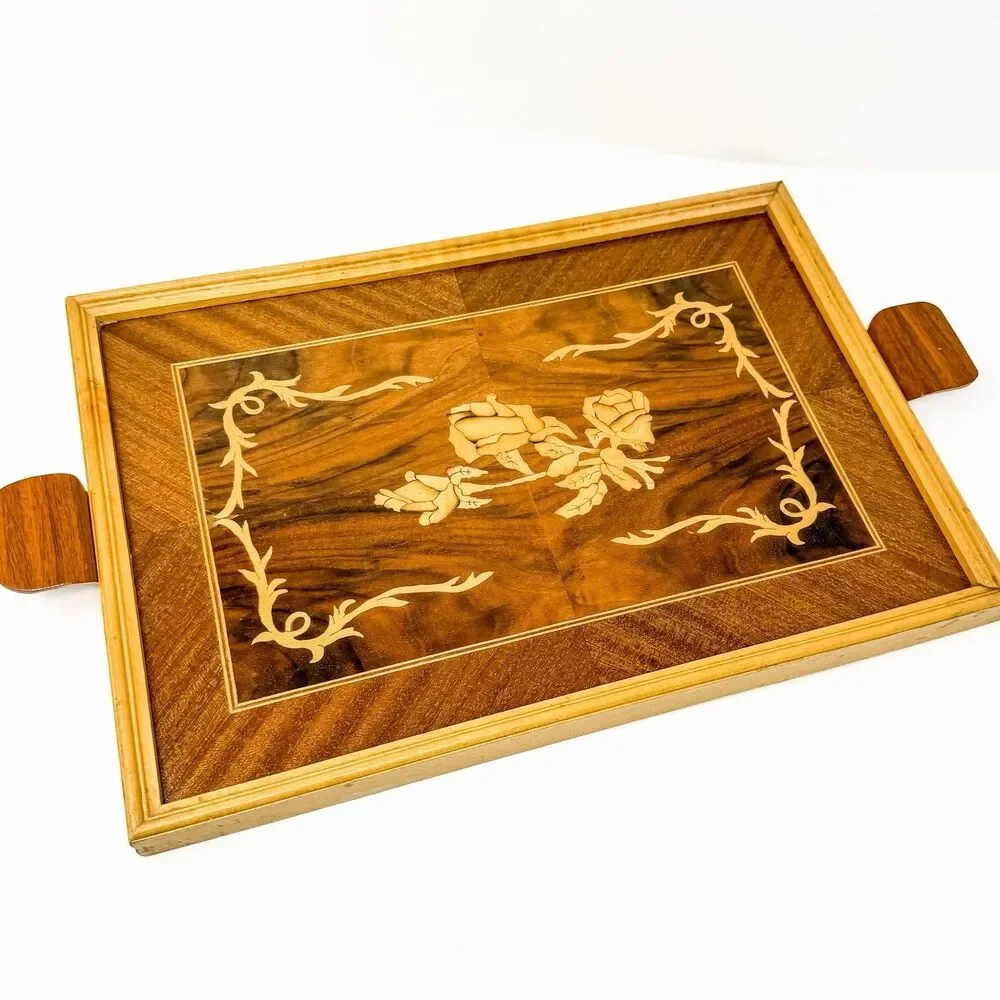 Vintage Wood Marquetry Serving Tray Floral Rose Inlay Wood Handles